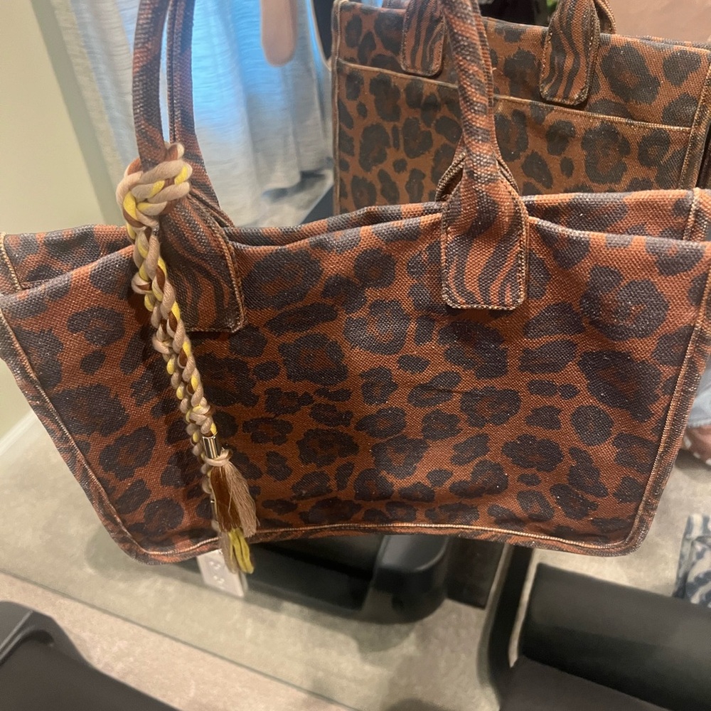 Vince Camuto Brown Leopard Print Canvas Tote with Braided Tassel